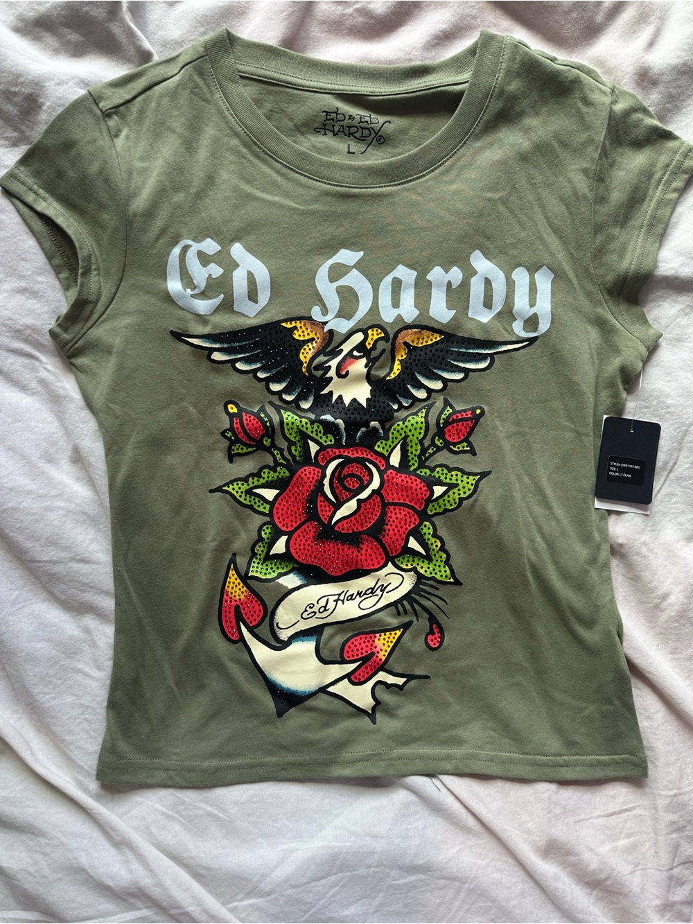 Ed Hardy Y2K Tattoo Graphic Baby Tee Rose Eagle Olive Green Size L